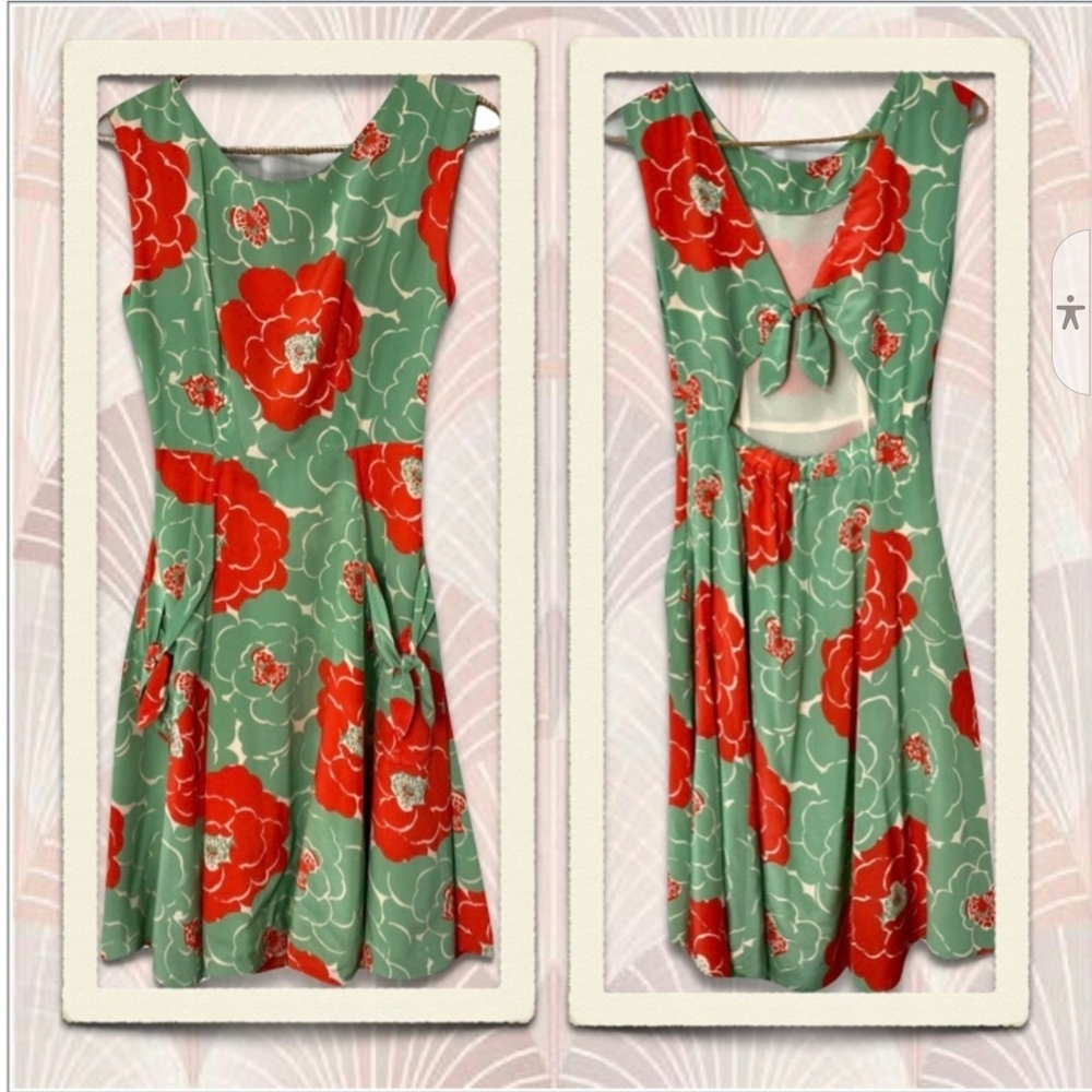 100% Silk Corey Lynn Calter Red Sleeveless Crew Neck Midi Sundress - Picture 2 of 10